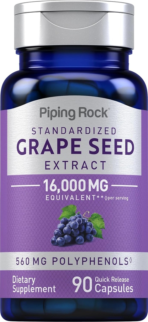 Piping Rock Grape Seed Extract Capsules | 16,000mg | 90 Pills | Vitis Vinifera Supplement | Non-GMO, Gluten Free
