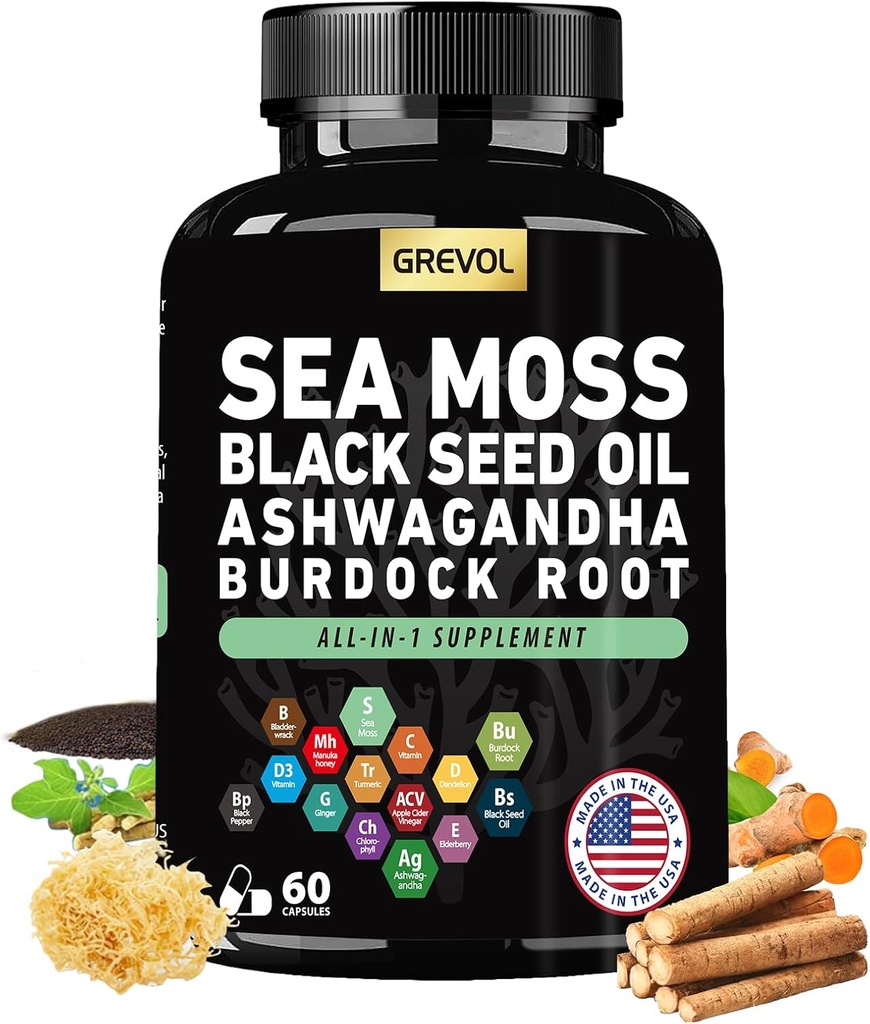 Sea Moss Black Seed Oil Ashwagandha Bladderwrack Burdock Root Turmeric & Vitamin C D3 Elderberry ACV Black Pepper - Multimineral Supplement - 60 Count