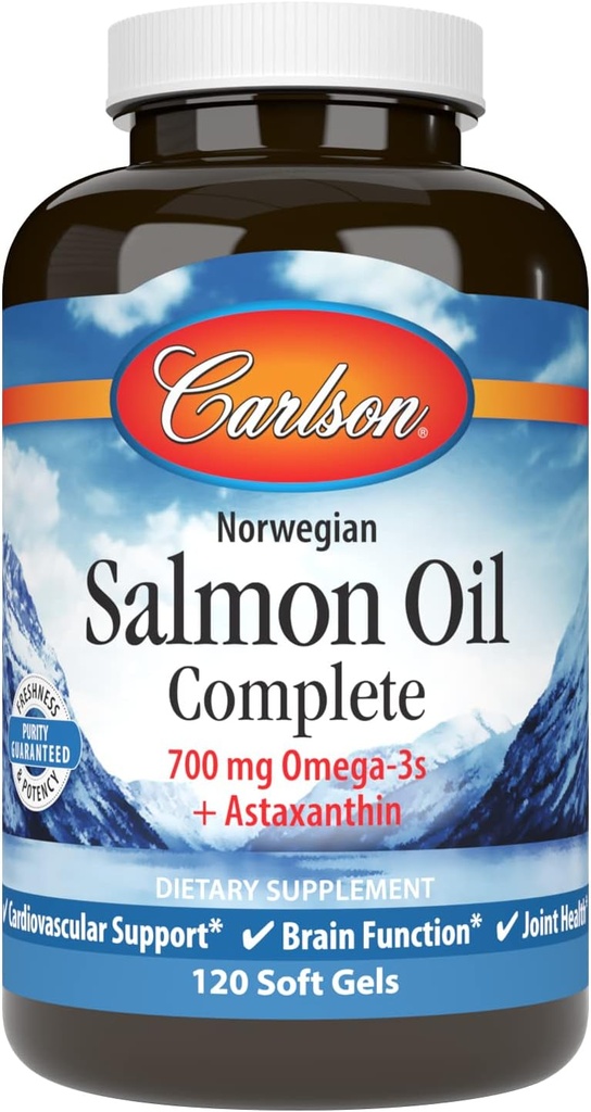 Carlson - Salmon Oil Complete, 700 mg Omega-3s + Astaxanthin, Cardiovascular Support, Brain Function & Joint Health, 120 soft gels