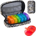 Serfeymi Weekly Travel Pill Organizer 2 Times A Day AM PM Upgraded Rainbow Pill Box 7 Day with Portable Zipper PU Leather Pill Case, Medicine Organizer for Pills, Vitamins, Fish Oils - Brown 03