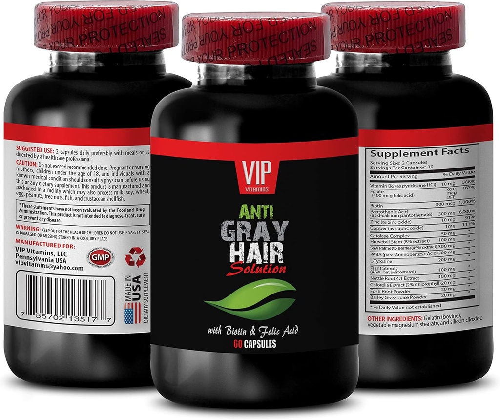 Rejuvenation Beauty - Gray Hair Solution - with BIOTIN & FOLIC Acid - nettles Capsules, paba Supplement, Gray Hair Supplement, folate Supplement for Women, Vitamins for Gray Hair Reversal, 1B 60 Caps
