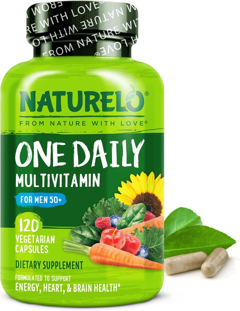 NATURELO Mens Multivitamins for Men 50+ - One Daily Multivitamin for Men with Vitamins, Minerals & Organic Whole Foods, Boost Energy & Health, Non-GMO, 120 Vegetarian Capsules