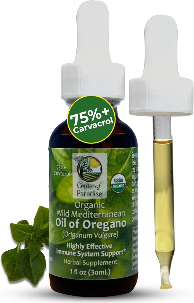 Center of Paradise Wild Mediterranean Oil of Oregano with 75%+ Carvacrol (1 fl oz) Certified Oregano Oil Organic Drops in Extra Virgin Olive Oil for Immune* & Respiratory* Support, Approx 450 Servings