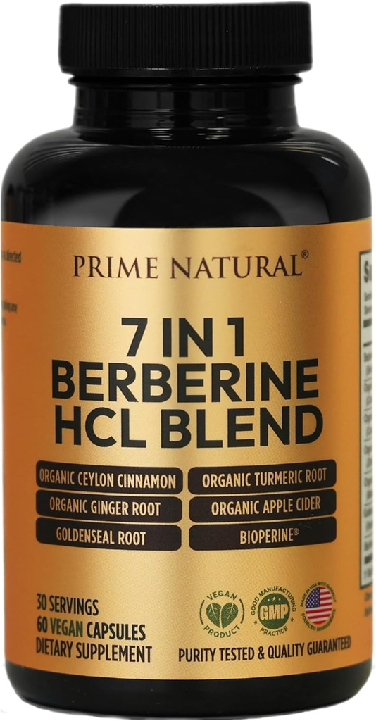 PRIME NATURAL Berberine HCl 600mg Organic Ceylon Cinnamon 400mg Organic Turmeric 200mg Organic Ginger 130mg Organic Apple Cider Vinegar 65mg Goldenseal Root 6.5mg Bioperine 3mg | 60 Capsules