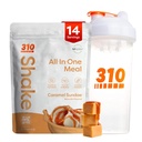 310 Nutrition All-in-One Meal Replacement Shake Powder w/Shaker Cup Starter Kit - High Protein Fiber Rich Vegan Superfood Blend - Sugar-Free, Keto & Paleo Friendly, Low Carb - Caramel Sundae 14 srv