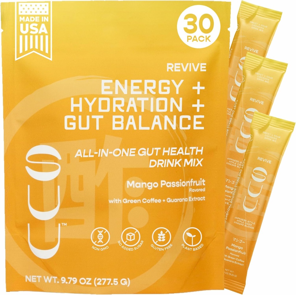 Revive Gut Health Drink Mix|Apple Cider Vinegar Prebiotics,Probiotics Gut Health for Women & Men|Green Coffee,Guarana|Supports Digestive Health, Energy & Hydration|Mango Passionfruit,30 Servings