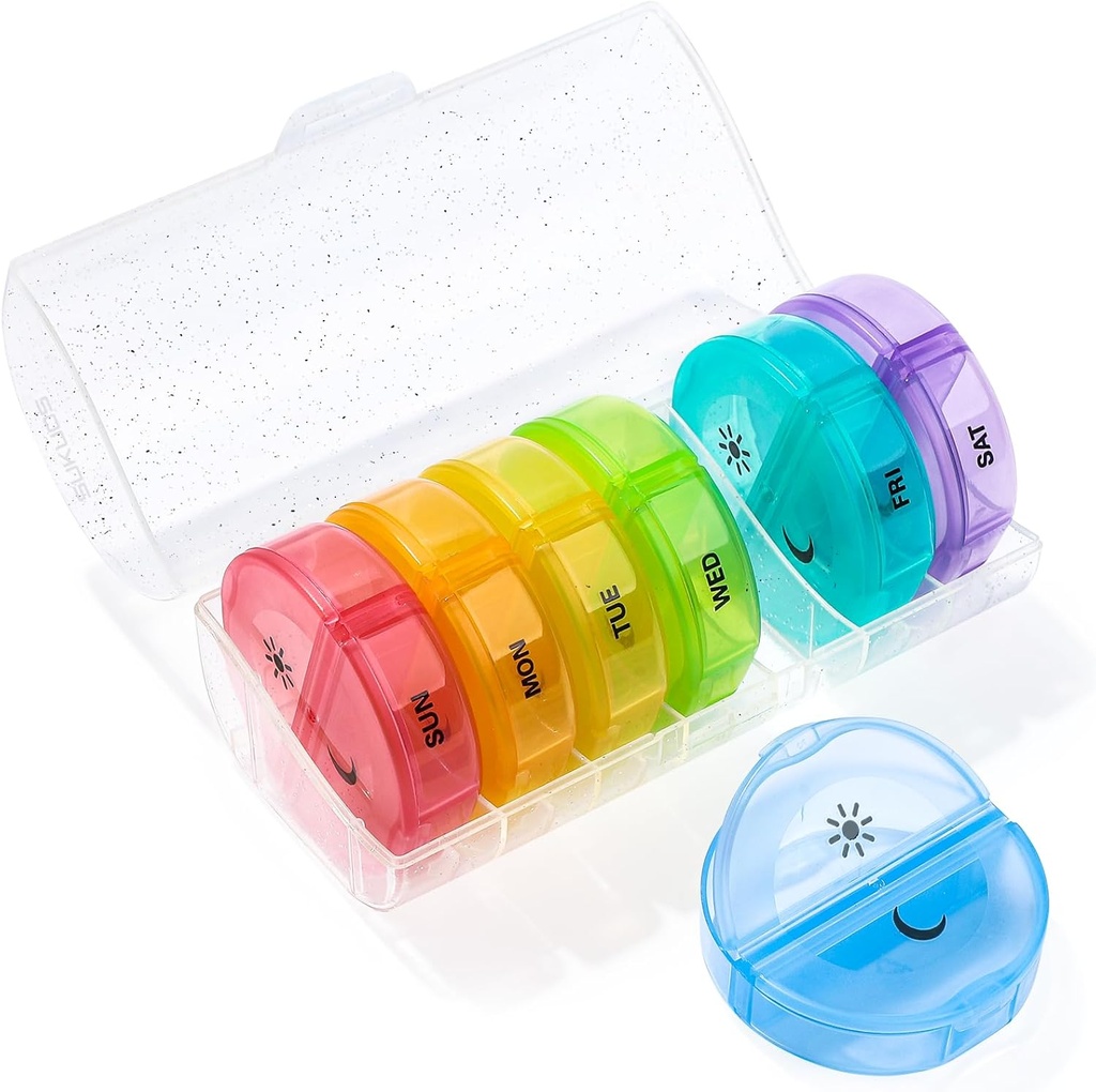 Sukuos Large Weekly Pill Organizer 2 Times a Day, Daily Pill Box 7 Day Easy to Open with Double Protection, AM PM Pill Case for Medicine/Vitamin/Fish Oil/Supplements (Glitter Clear)