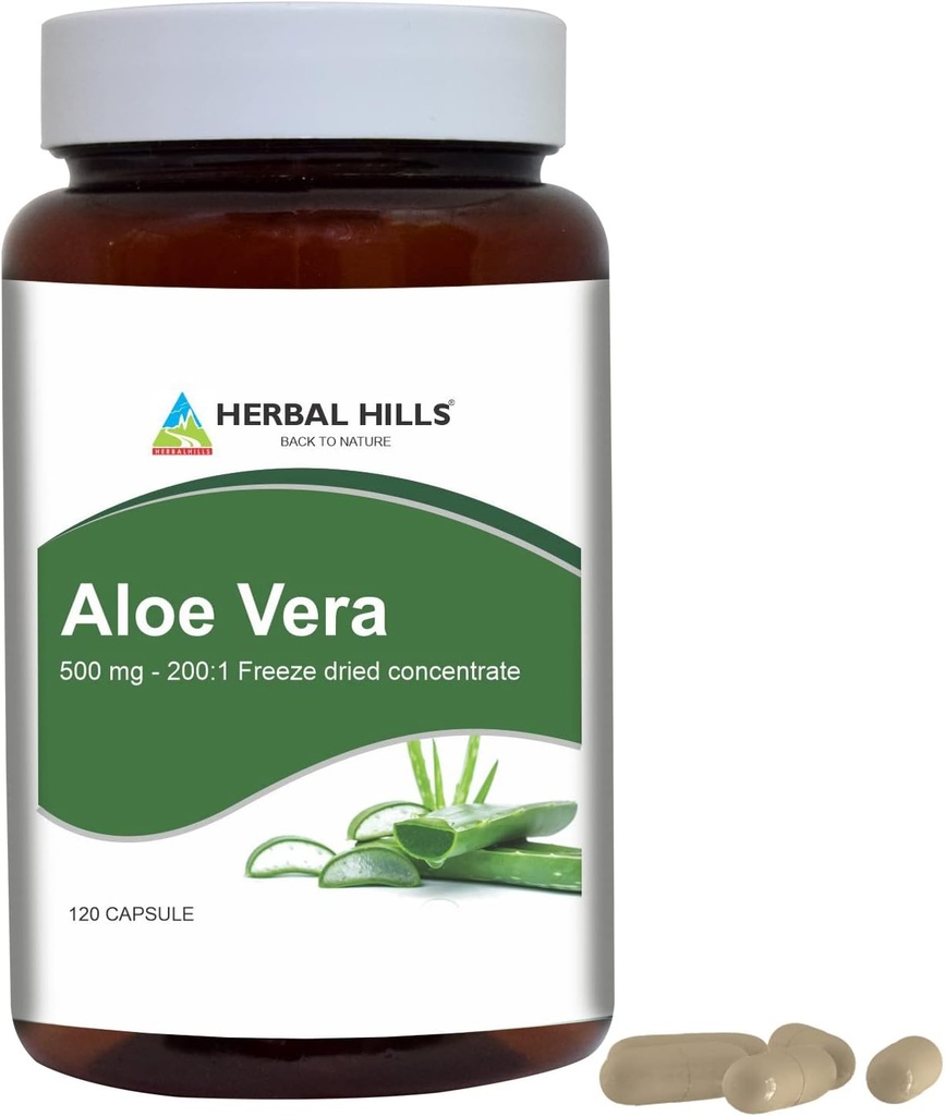 HERBAL HILLS Aloe Vera Capsules (Aloe barbadensis) | 120 Capsules (500 mg) | Pure Aloe Freeze Dried Powder Supplement, High Concentration, Supports Overall Well-Being