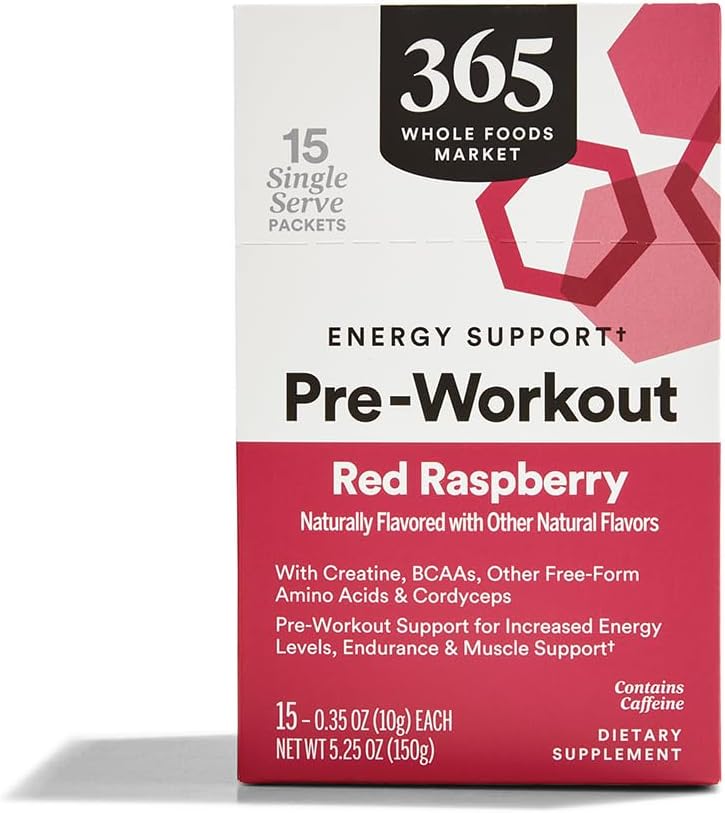 365 by Whole Foods Market, Pre-Workout Energy Support with Caffeine, Single-Serve Packets, Red Raspberry, 15 Count