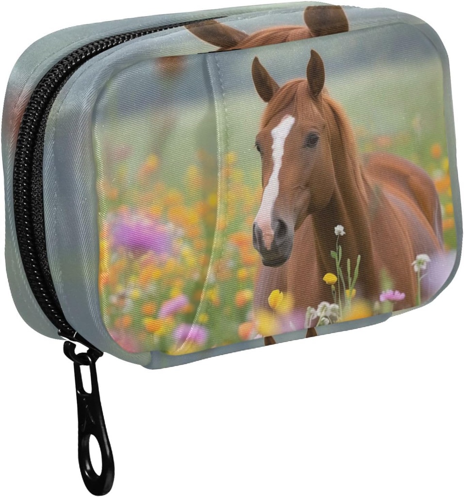 Fustylead Beautiful Brown Horse in Colorful Flower Field Pill Organizer Case with Zipper 2 Times A Day for Vitamin and Supplement, 7 Day Travel Organizer Medicine Case