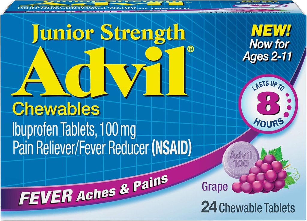 Advil Junior Chewable Ibuprofen Tablets, Grape 100mg, 24 Tablets Each (Pack of 6)