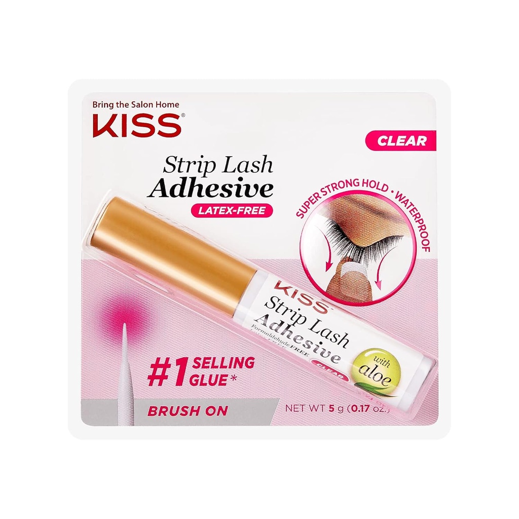 KISS Clear Strip Lash Adhesive With Aloe, Waterproof, Formaldehyde and Latex Free, Odor Free, Cruelty Free, Super Strong Hold Eyelash Glue with Brush Applicator, 0.17 Oz.