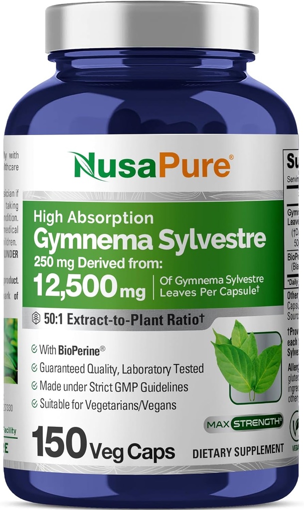 NusaPure Gymnema Sylvestre 50:1 Extract, 250 mg Equivalent to 12,500mg Per Vegan Caps - 150 Count (Non-GMO, Vegan, Bioperine)