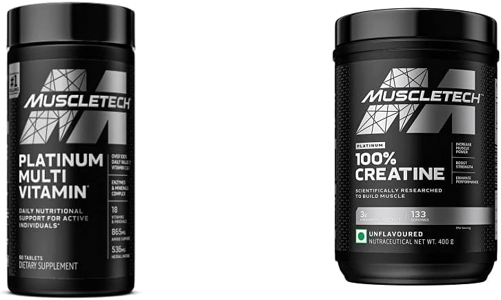 MuscleTech Creatine Monohydrate Powder Platinum Pure Micronized Muscle Recovery + Builder & Platinum Multivitamin for Immune Support 18 Vitamins & Minerals