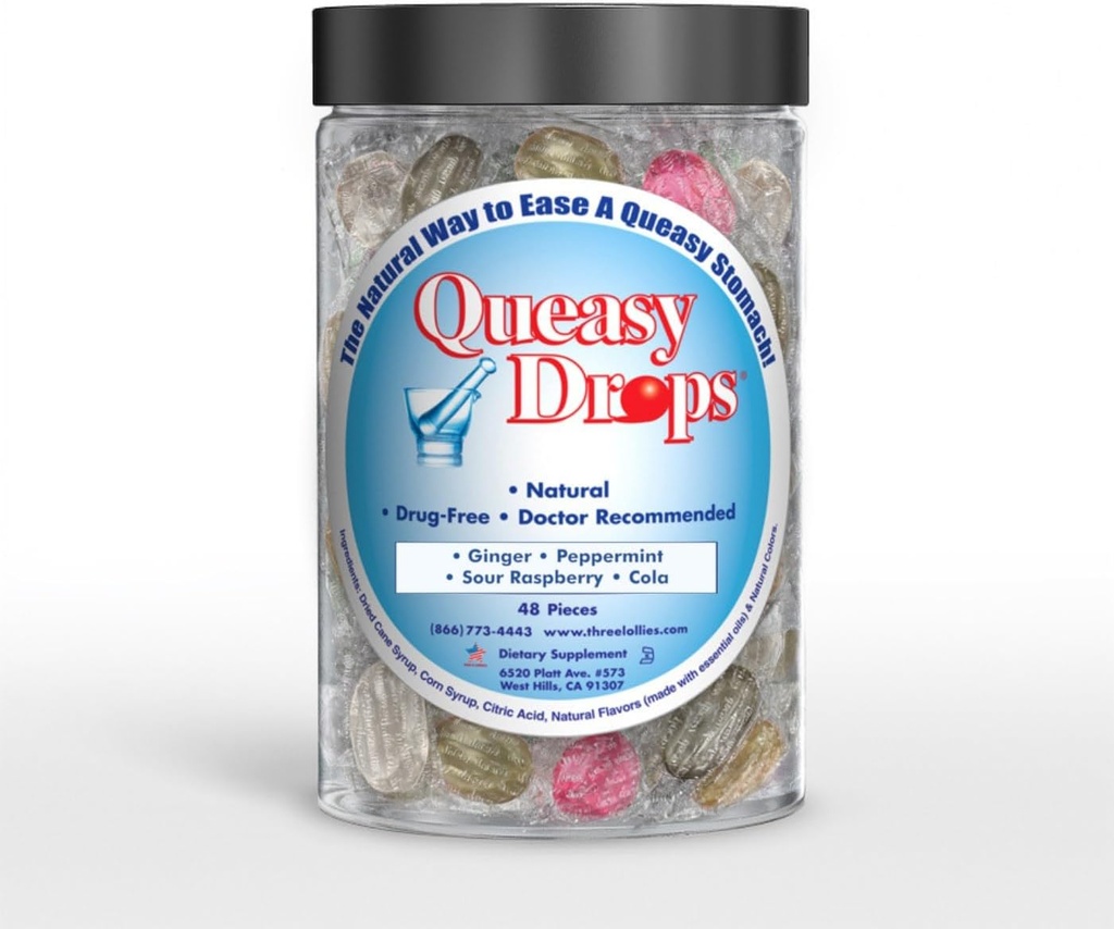 Three Lollies Queasy Drops- Supports Motion Sickness Relief. Also Pregnancy & Morning Sickness Relief. Stomach Settle Drops Assorted 48 Count