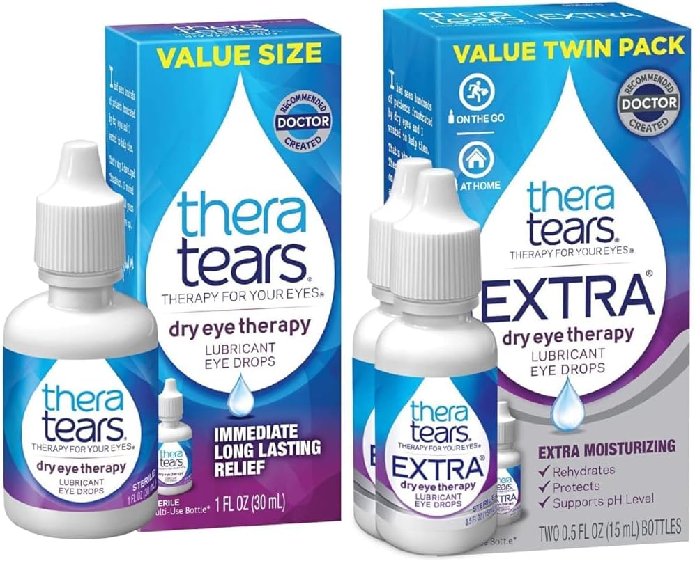 TheraTears Dry Eye Therapy Eye Drops for Dry Eyes, 1.0 Fl Oz & Extra Dry Eye Therapy Lubricating Eye Drops for Dry Eyes, 0.5 fl oz Bottle, 2 Count(Pack of 1)