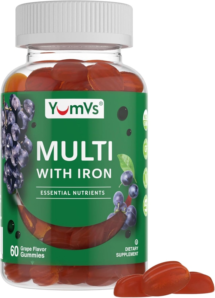 YUM-V'S Iron Gummies - Multivitamin Iron Supplement with Vitamin C, A, B & Zinc, Supports Blood Oxygen, Vegan Supplements for Women, Men & Kids for Growth and Development - Grape Flavor | 60 Count