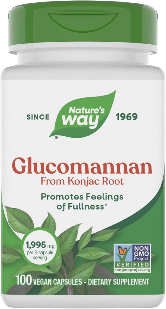 Nature's Way Herbal Glucomannan from Konjac Root Capsules, Promotes Feelings of Fullness*, 1,995 mg per 3-Capsule Serving, Non-GMO Project Verified, Vegan, 100 Capsules (Packaging May Vary)
