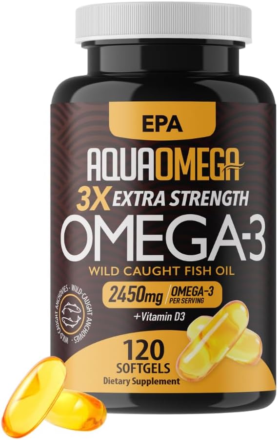 Triple Strength Omega 3 Fish Oil Supplements, High EPA Fish Oil Omega 3 Supplements, EPA and DHA Omega3 Fatty Acids with Vitamin D, High Potency Omega3 Supplement, 120 Softgels, Unflavored