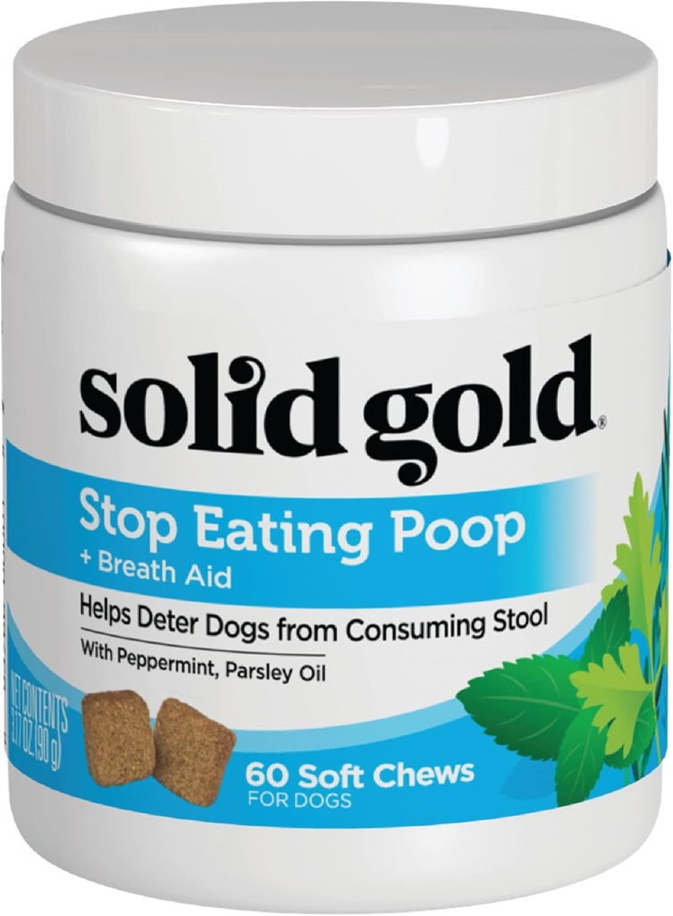 Solid Gold No Poo Chews for Dogs - Coprophagia Deterrent & Stool Eating Deterrent for Dogs That Eat Dog Poop - Stop Eating Poop Chews with Peppermint & Probiotics for Gut & Breath Aid Support - 60ct