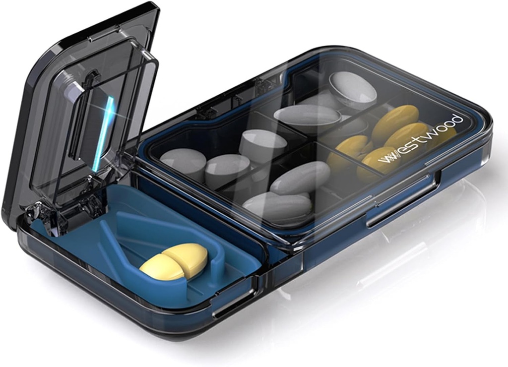 Travel Pill Organizer with Pill Cutter Splitter, 4 Compartments Pill Case, Small Pill Box for Pocket Purse, Daily Pill Container to Hold Vitamins Cod Liver Oil Supplements, Medicine Planner (Black)