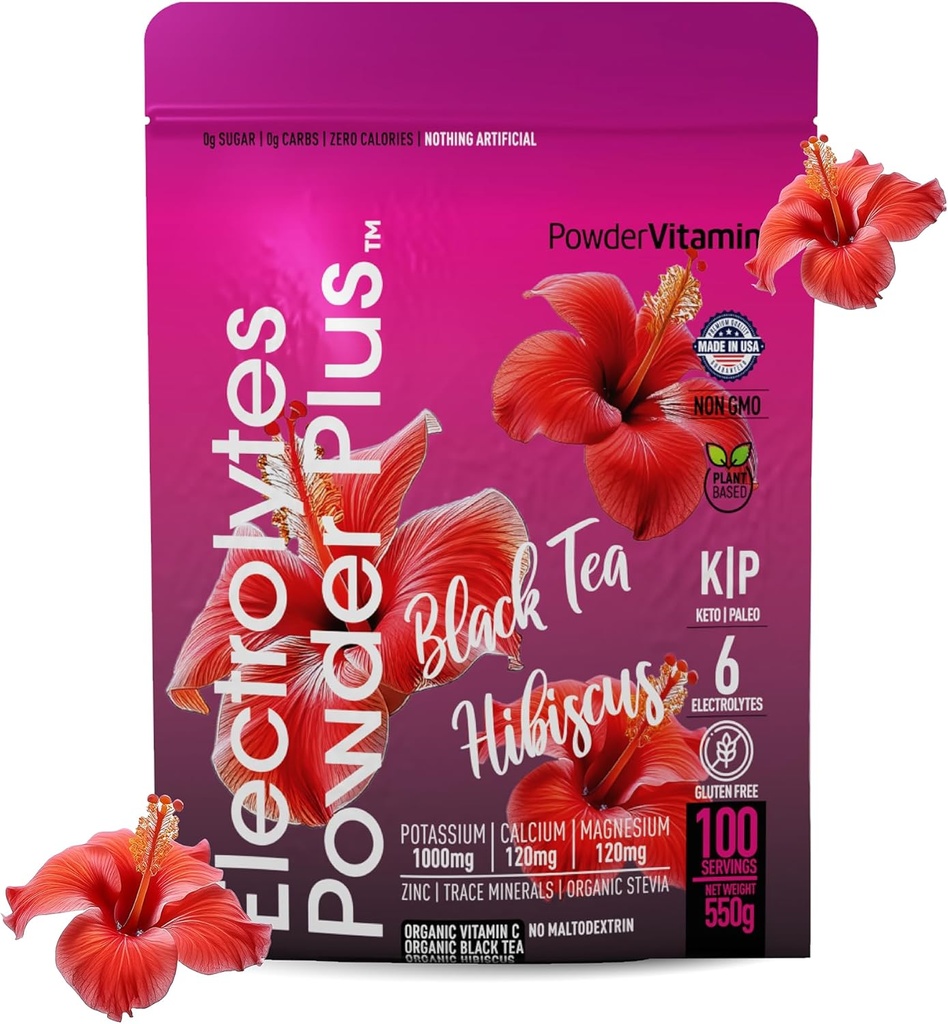 PowderVitamin Electrolytes Powder Plus (100 Servings) Black Tea Hibiscus Electrolyte Powder Keto, Sugar Free, Pink Himalayan Salt,1000mg Potassium,120mg Calcium,120mg Magnesium, Hydration Powder