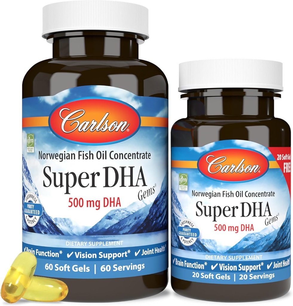 Carlson - Super DHA Gems, 500 mg DHA Supplements, 640 mg Fatty Acids, Wild-Caught Norwegian Arctic Fish Oil Concentrate, Sustainably Sourced Nordic Fish Oil Capsules, 60+20 Softgels