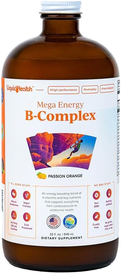 LIQUIDHEALTH Mega Energy Methylated B-Complex, Adult Liquid Vitamin Supplement - Increase Energy, Relieve Stress & Fatigue, Immune Support, Heart & Gut Health - Made in USA, Vegan, Sugar-Free (32 oz)