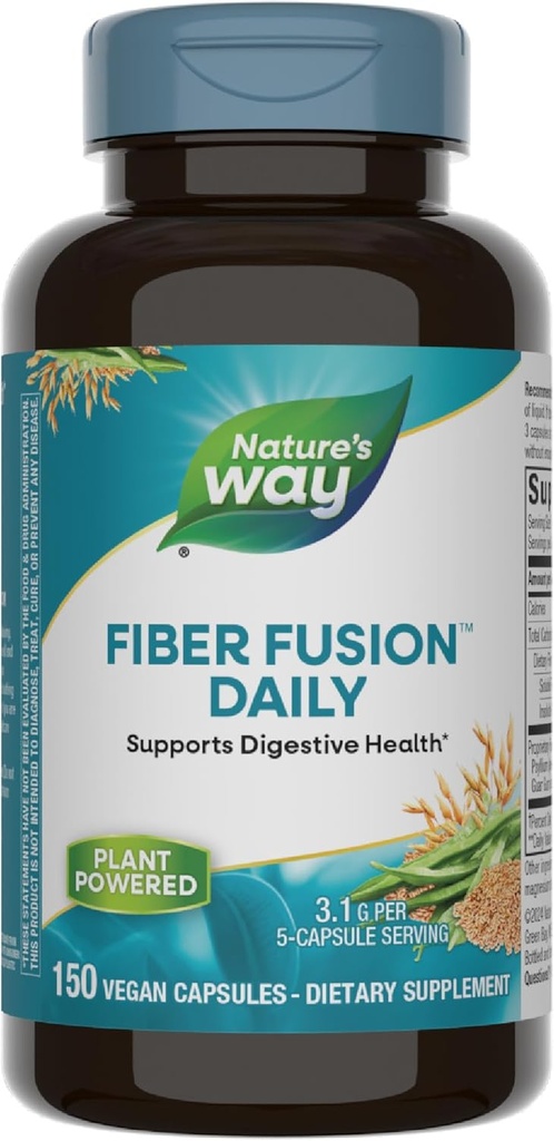 Nature's Way Fiber Fusion Daily, Psyllium Husk Capsules with Oat Bran, Guar Gum, Pectin, Digestive Health Support*, Vegan, 150 Capsules (Packaging May Vary)