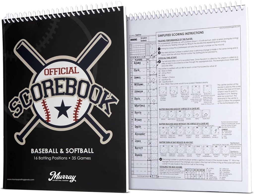 Murray Sporting Goods Baseball & Softball Scorebook - 35 Games Score Book - Score Keeping Book for Stats - Adult, Youth, Little League Baseball Softball Scorebook for Scorekeepers