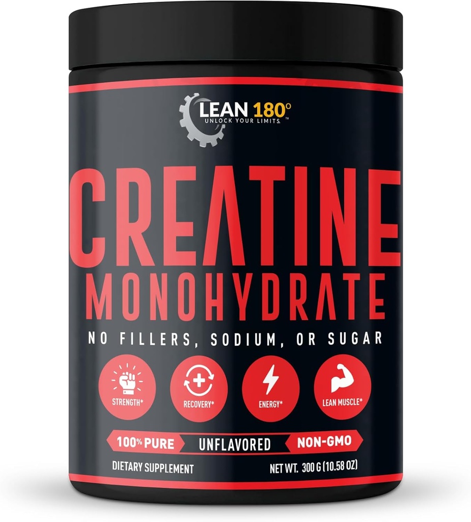 Lean 180 | Best Creatine Monohydrate Supplement | 100% Pure Powder | Improved Athletic Performance, Muscle, Recovery, Brain Function | Gluten Free, Lab Tested, Unflavored - (60 Servings)