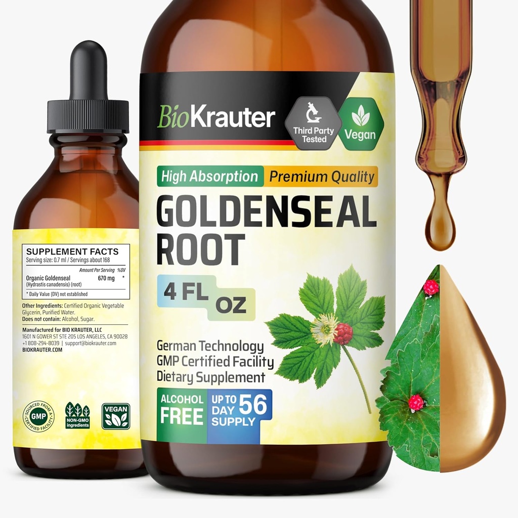 BIO KRAUTER Goldenseal Tincture - Vegan Lung Cleanse & Detox - Golden Seal Herb Supplement - Alcohol & Sugar Free Drops - 4 Fl.Oz.