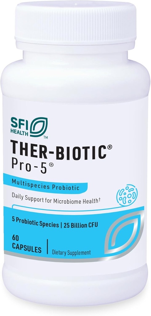 Klaire Labs SFI Health Pro-5 Probiotic - 25 Billion CFU High Dose Multispecies Gut Recolonization Support for Men & Women, Hypoallergenic & Dairy-Free (60 Capsules)
