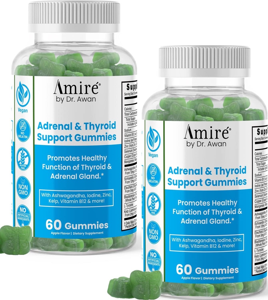 Amire by Dr. Awan Thyroid Support Gummies, Promotes Healthy Function of Thyroid, Kelp, Selenium & Ashwagandha to Improve Energy, Immunity, Metabolism, 120ct, 60day Supply