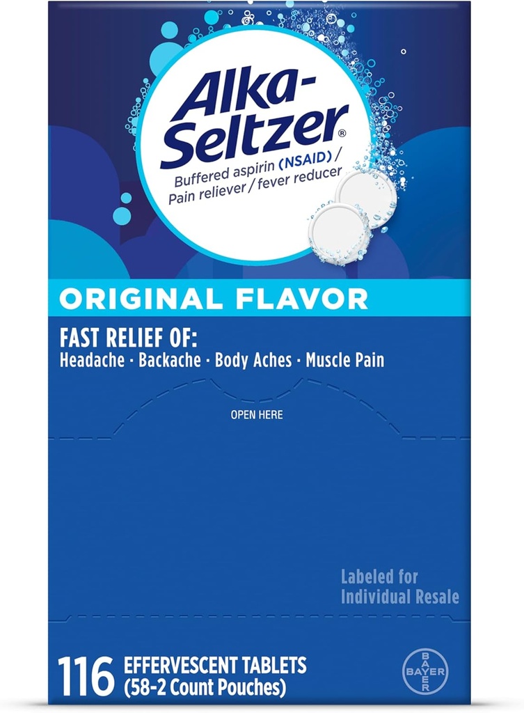 Alka-Seltzer Effervescent Tablets Original Flavor, Fast Multi-Symptom Relief from Headache and Body Ache, Dissolvable Effervescent Fizzy Tablets, Pain Relief Dispenser Pack, 116 Ct