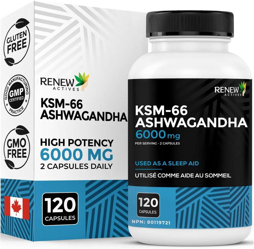 Renew Actives Ashwagandha KSM-66 Supplement 500MG per Serving with Black Pepper for Superior Absorption - Focus & Mood Support to Increase Energy & Sleep Aid - Made in Canada - 120 Capsules