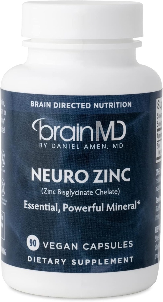BRAINMD Dr Amen Neuro Zinc - 90 Capsules - 25 mg Zinc Bisglycinate Chelate - Gluten Free - 90 Servings