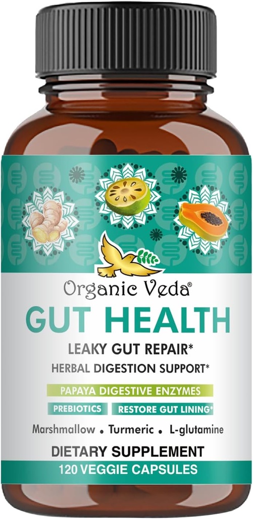 Organic Veda Marshmallow Turmeric Gut Supplement - Digestion Health, Leaky Gut Repair & Cleanse Support - Papaya Digestive Enzymes, Prebiotics, L-Glutamine, Green Banana, Psyllium Husk - 120 Capsule