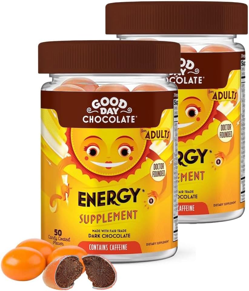 Good Day Chocolate Energy Supplements for Adults [2 Pack] Fair Trade Caffeine Chocolate with B-Vitamins, Green Tea Extracts and 20 mg Caffeine Per Piece - Energy Booster for Women and Men