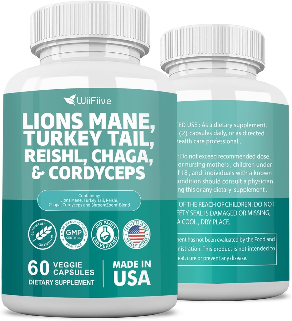 Lions Mane 3000mg Turkey Tail 3000mg Reishl 1000mg Chaga 1000mg Cordyceps Powder Extract Containing Maitaake Shiitake Black Fungus,Brain Supplement, Mineral Supplements, 60 Capsules