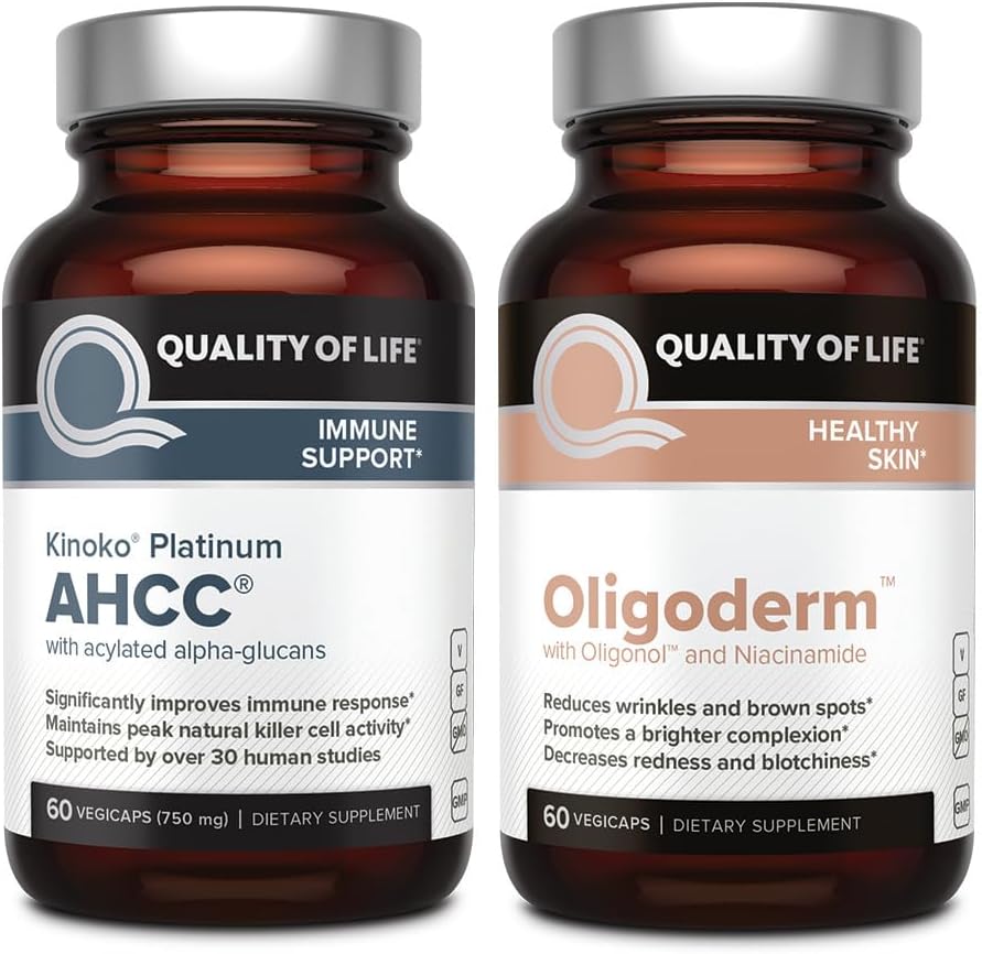 Quality of Life Featuring Kinoko Platinum AHCC Mushroom Extract and Oligoderm with Oligonol Lychee Extract - Immune Support Skin Health Bundle