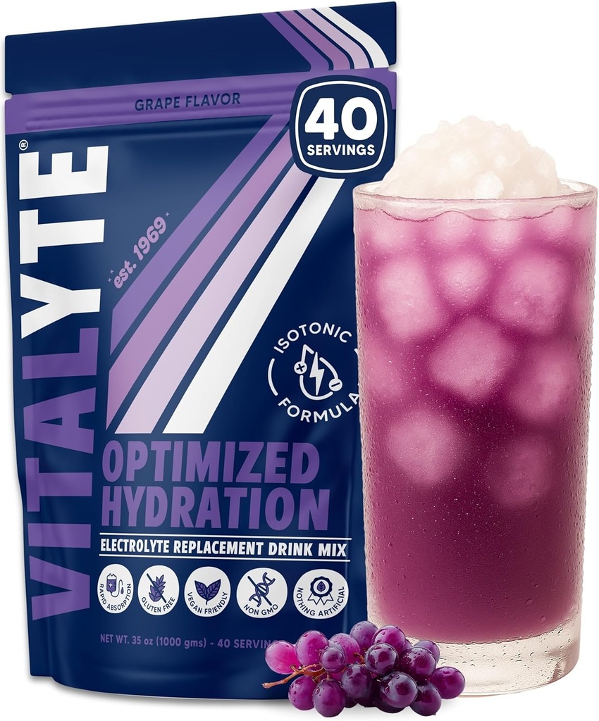 Vitalyte Electrolyte Powder Drink Mix, Isotonic Electrolyte Hydration Mix, Gluten Free Post Workout Powder Mix, Pack of 1, 35 oz., Grape Flavor