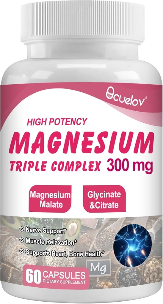 Triple Magnesium Complex Supplement, 300mg Magnesium (Glycinate, Malate & Citrate) Complex for Muscles, Nerves, Bone & Energy | Vegan, Non-GMO | 60 Capsules