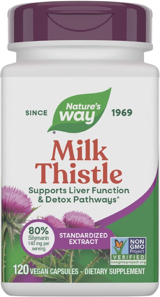 Nature's Way Milk Thistle, Supports Liver Function & Detox Pathways*, 175 mg Milk Thistle Seed Extract Standardized to 80% Silymarin per Serving, Vegan, 120 Capsules (Packaging May Vary)