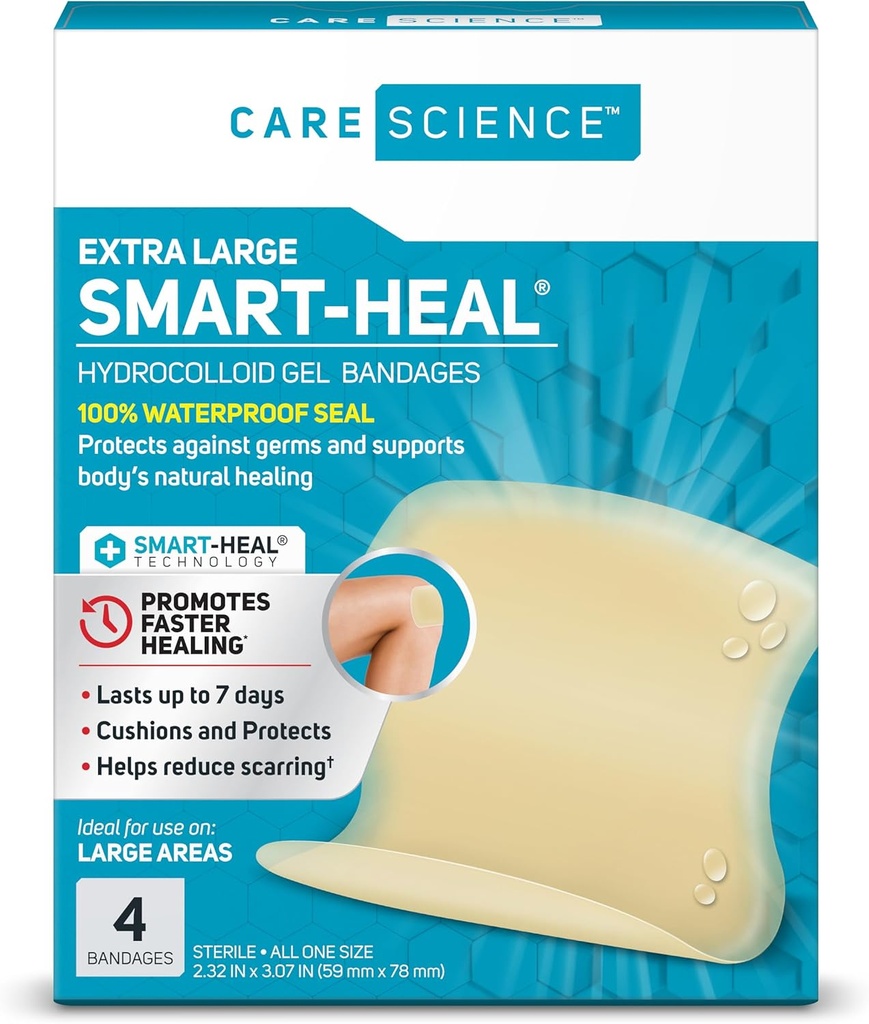 Care Science Smart Heal Hydrocolloid, Large, 2.3 in x 3 in, 4CT | 100% Waterproof Seal Promotes Healing, Reduces Scarring