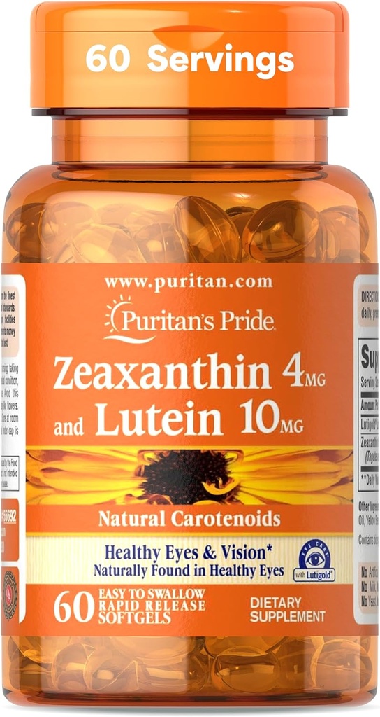 Puritan's Pride Zeaxanthin 4mg with Lutigold™ Lutein 10mg Carotenoids, Dietary Supplement for Healthy Eyes and Vision, 60 Easy-to-Swallow Rapid Release Softgels