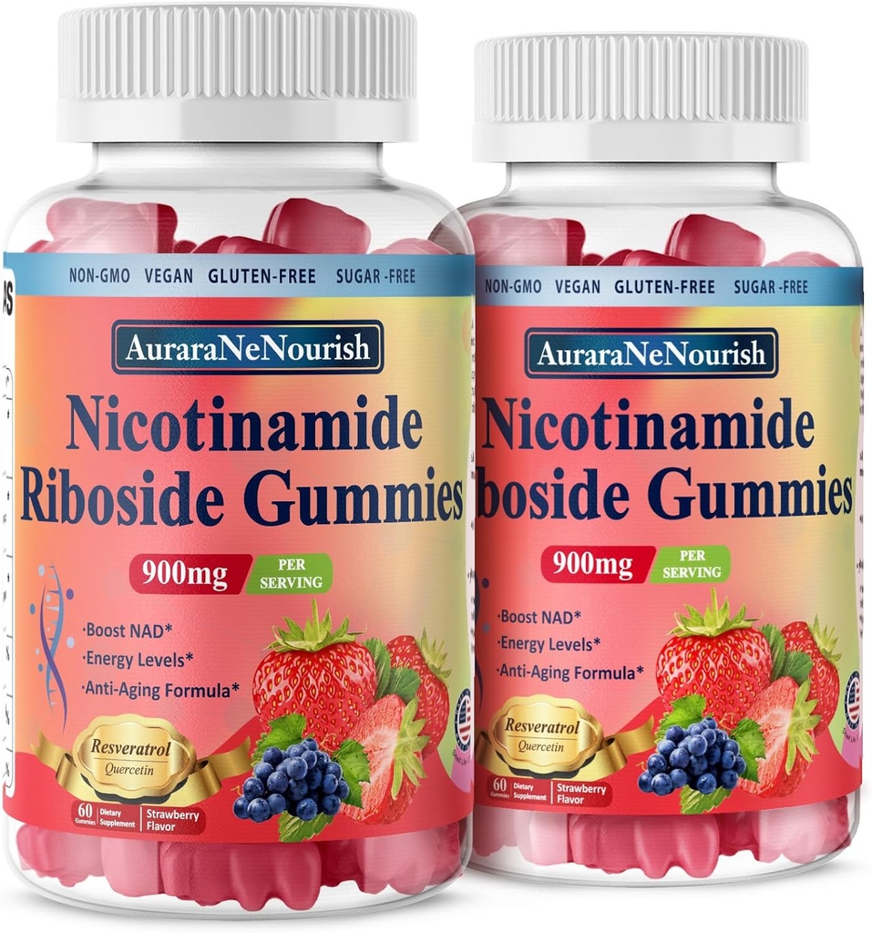 2 Pack NAD Resveratrol Supplement, Sugar Free 900mg Gummies with Quercetin, Collagen, Vitamin Support Anti Aging, Cell Regeneration, Energy Boost, Skin Improvement for Women Men