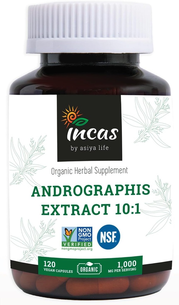 Incas Andrographis Capsules Max Andrographides - 1,000mg Serving Size (120 Capsules) - Clinically Studied for Immune System Health & Non GMO Verified by NSF