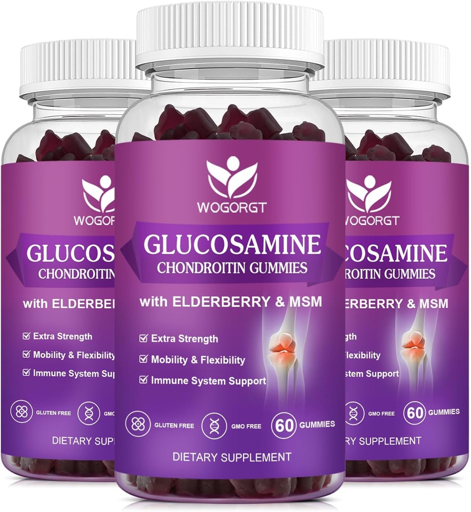 Glucosamine Chondroitin Gummies with MSM & Elderberry - 1500mg Glucosamine Chondroitin Gummies Supplement for Flexibility and Immune Support for Men & Women, 60 Gummies (3 Pack)