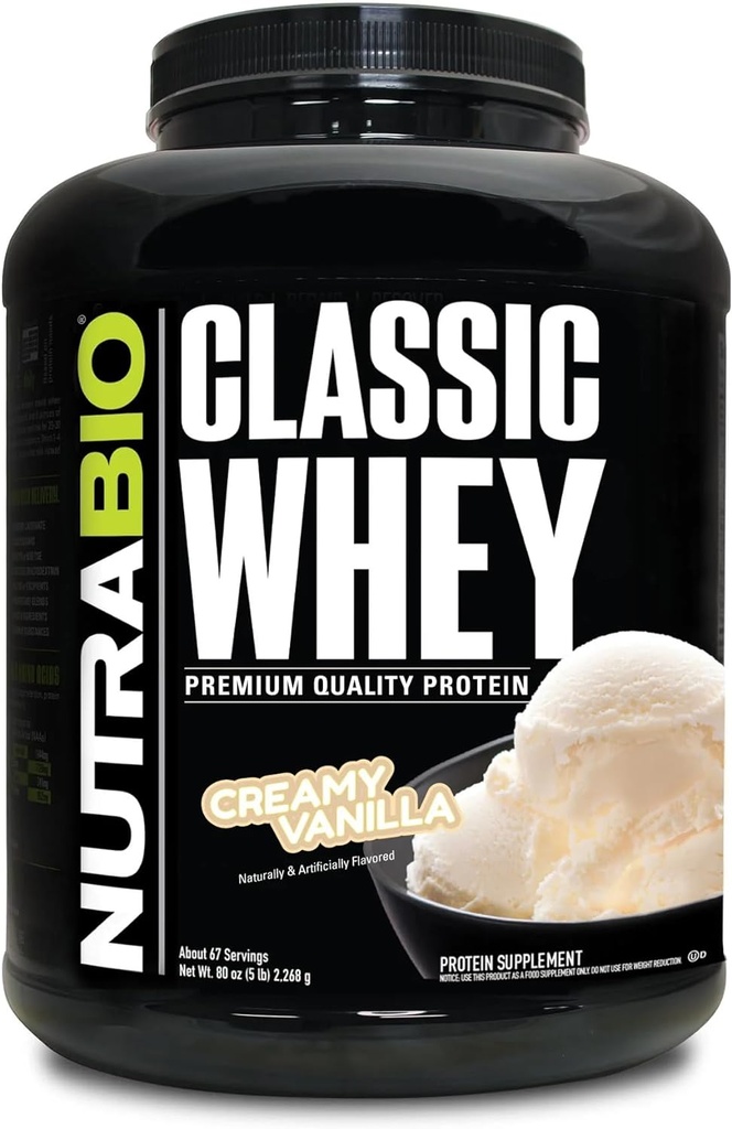 NutraBio Classic Whey Protein Powder- 25G of Protein Per Scoop - Full-Spectrum Amino Acid Profile - No Fillers, Artificial Colors, Preservatives - Low Glycemic Index - Creamy Vanilla, 5 Pounds